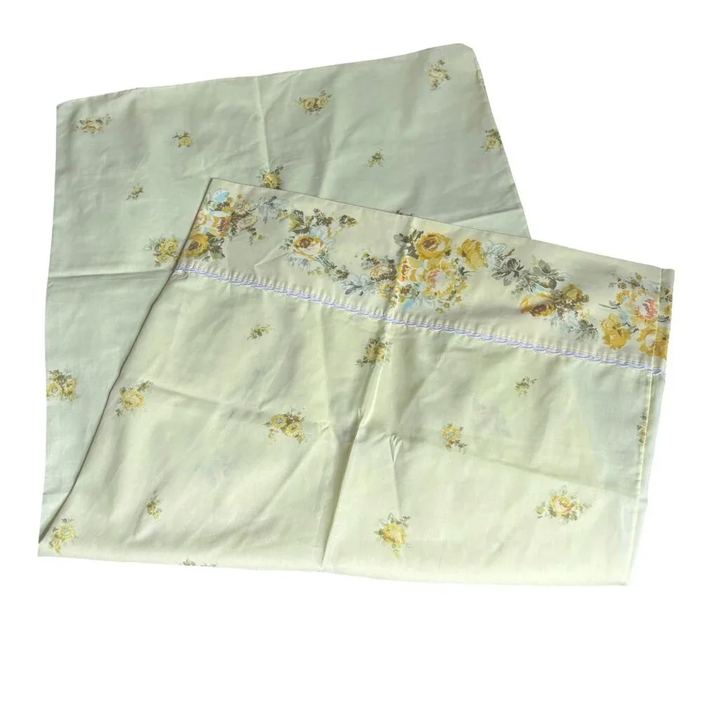 Vintage King Size Pillowcase Perma Prest Floral Yellow White Cotton Poly Blend